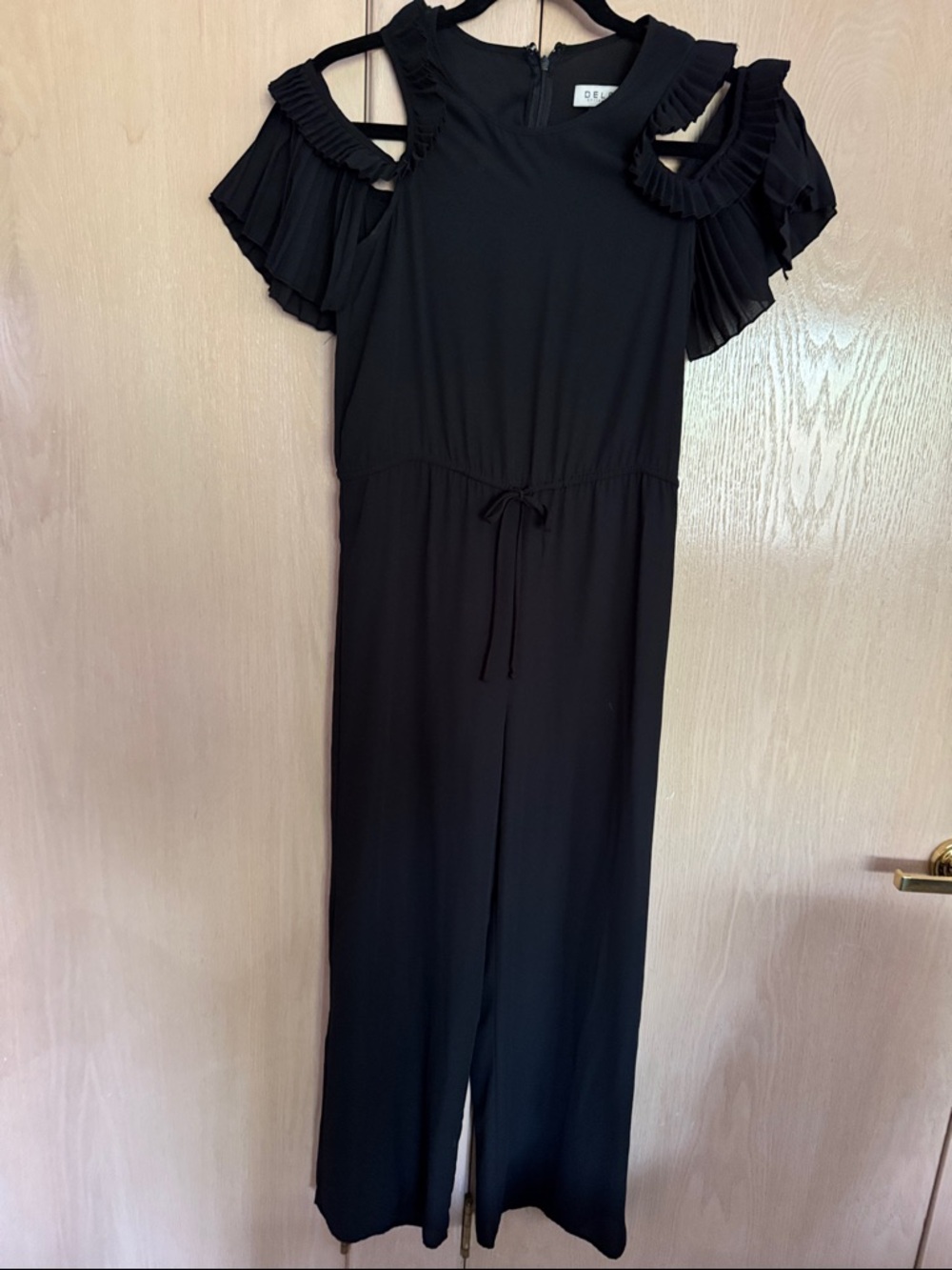 Cold-Shoulder Black Ruffle Jumpsuit with Drawstring Waist